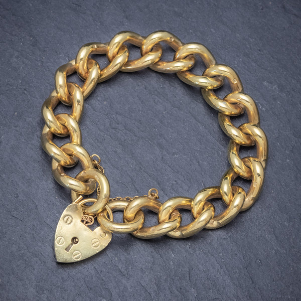 Heart Padlock Belcher Bracelet 18ct Gold On Solid Silver Dated 1976 TOP