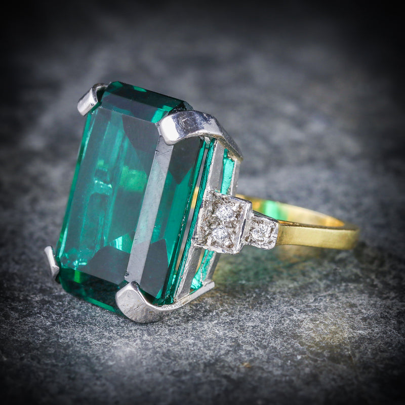 LARGE GREEN PASTE ART DECO RING 18CT GOLD SILVER SIDE
