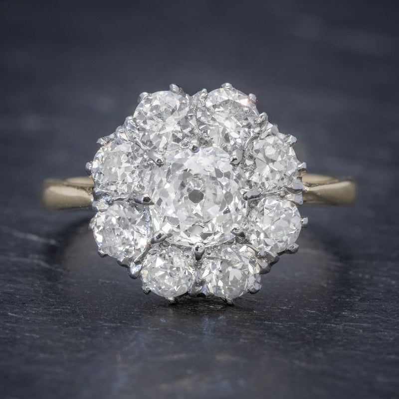 OLD CUSHION CUT DIAMOND CLUSTER RING 18CT GOLD PLATINUM 3CT OF DIAMOND FRONT