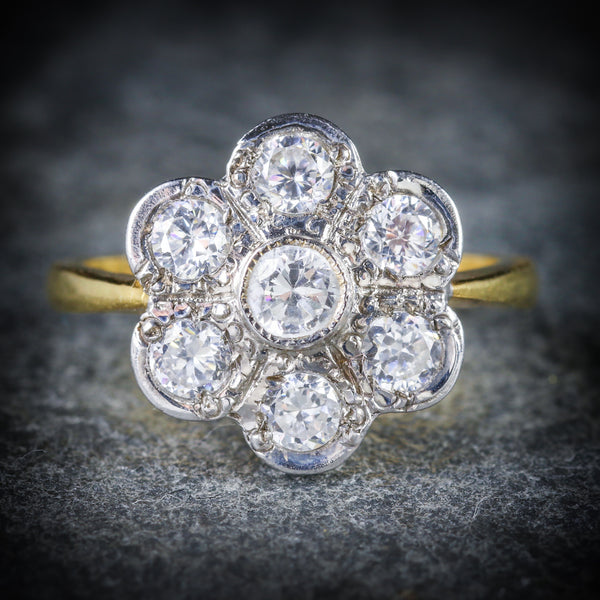 OLD CUT PASTE CLUSTER RING 18CT GOLD ON SILVER FRONT