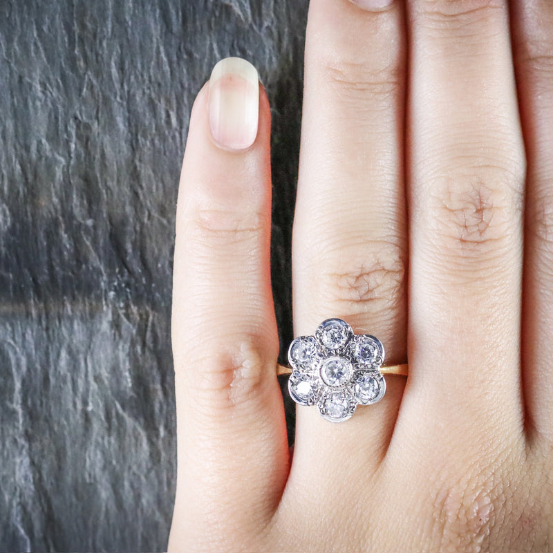 OLD CUT PASTE CLUSTER RING 18CT GOLD ON SILVER HAND