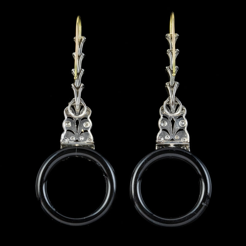 ONYX DIAMOND HOOP DROP EARRINGS PLATINUM 18CT GOLD WIRES