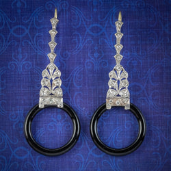 ONYX DIAMOND HOOP DROP EARRINGS PLATINUM 18CT GOLD WIRES