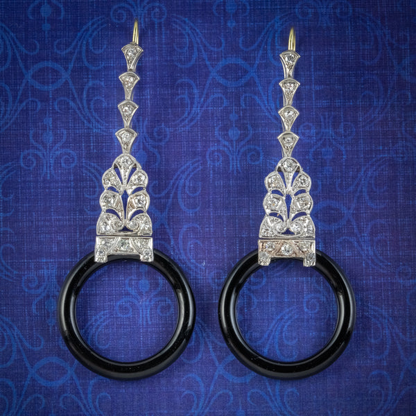 ONYX DIAMOND HOOP DROP EARRINGS PLATINUM 18CT GOLD WIRES