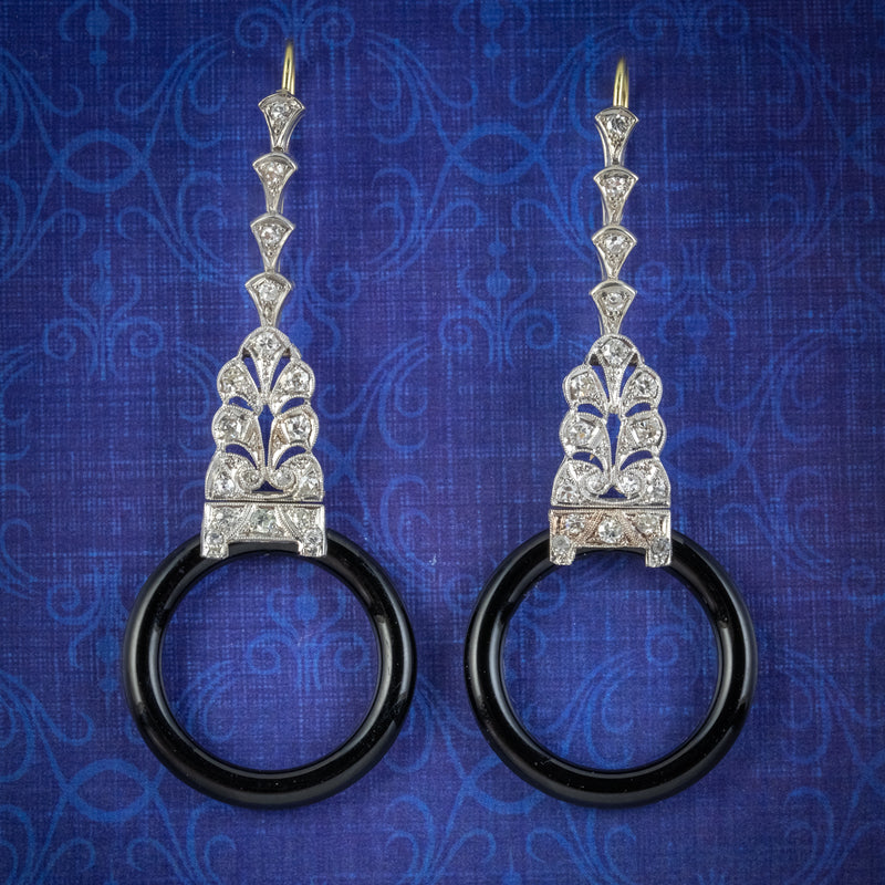 ONYX DIAMOND HOOP DROP EARRINGS PLATINUM 18CT GOLD WIRES