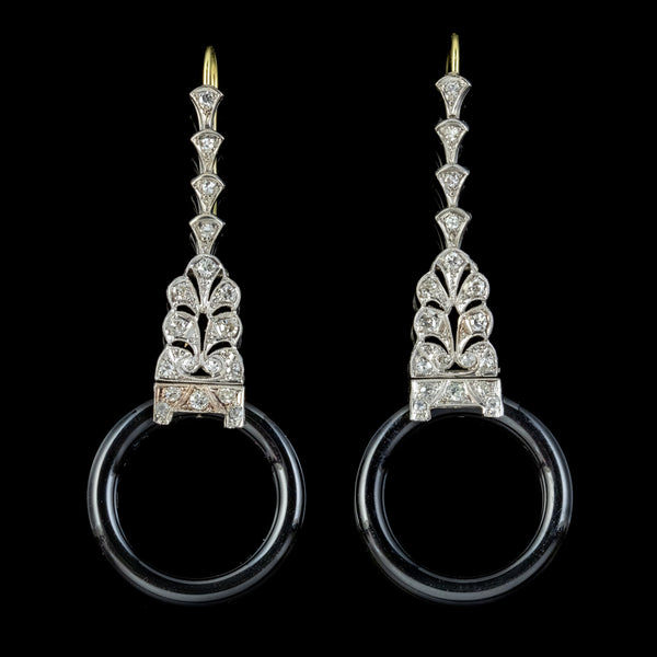 ONYX DIAMOND HOOP DROP EARRINGS PLATINUM 18CT GOLD WIRES