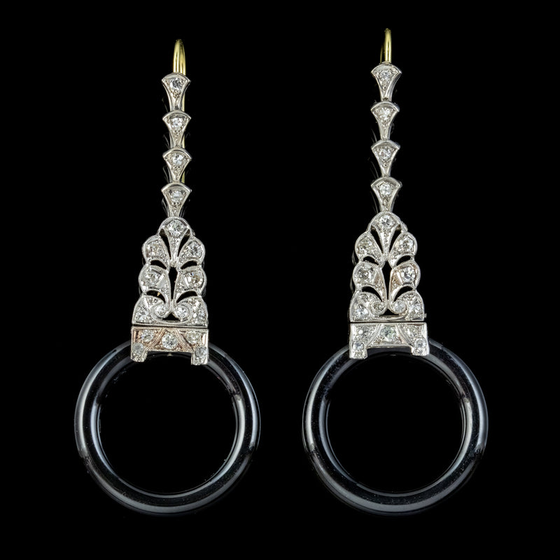 ONYX DIAMOND HOOP DROP EARRINGS PLATINUM 18CT GOLD WIRES