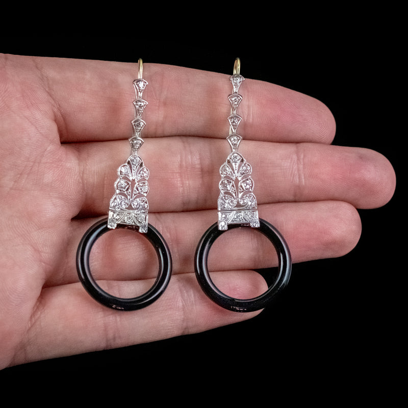 ONYX DIAMOND HOOP DROP EARRINGS PLATINUM 18CT GOLD WIRES