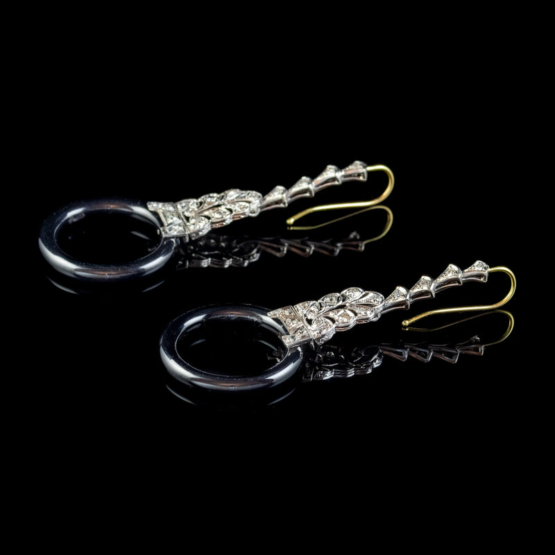 ONYX DIAMOND HOOP DROP EARRINGS PLATINUM 18CT GOLD WIRES