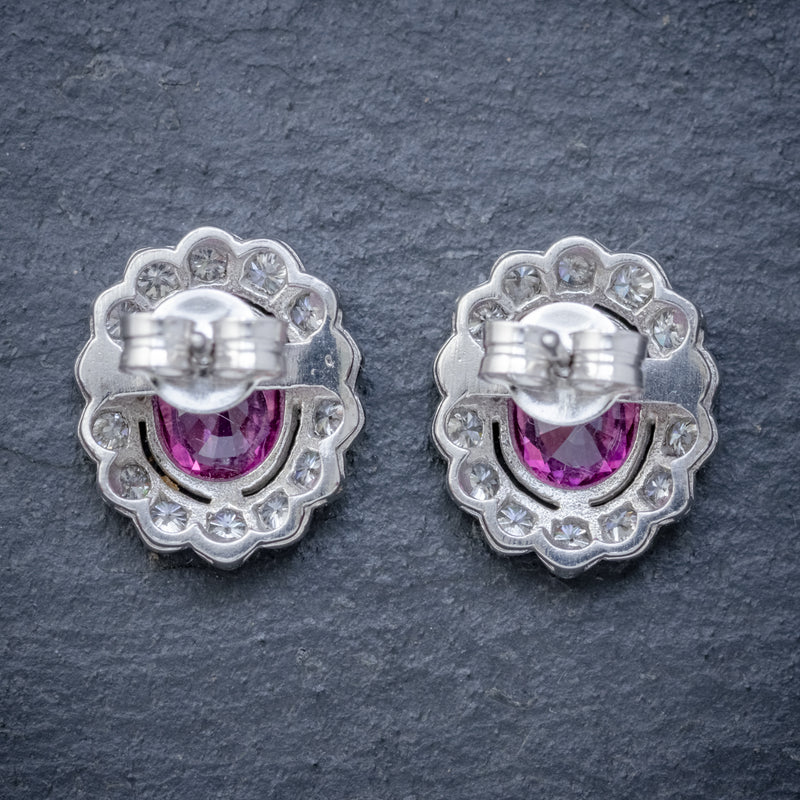 PINK SAPPHIRE DIAMOND CLUSTER STUD EARRINGS 18CT WHITE GOLD 2CT OF SAPPHIRE BACK