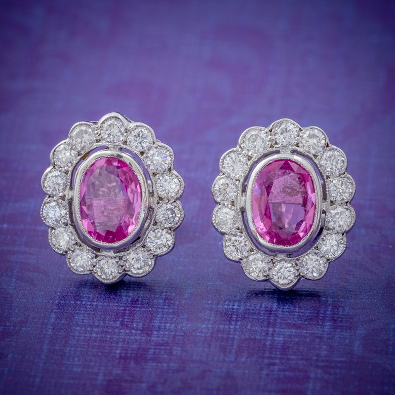 PINK SAPPHIRE DIAMOND CLUSTER STUD EARRINGS 18CT WHITE GOLD 2CT OF SAPPHIRE COVER