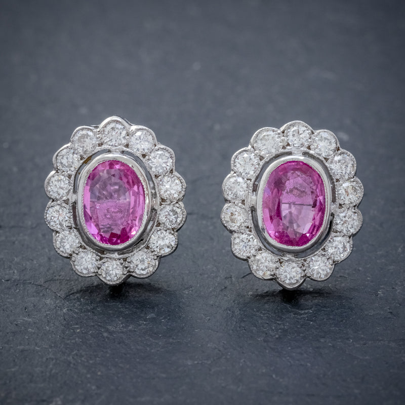 PINK SAPPHIRE DIAMOND CLUSTER STUD EARRINGS 18CT WHITE GOLD 2CT OF SAPPHIRE FRONT