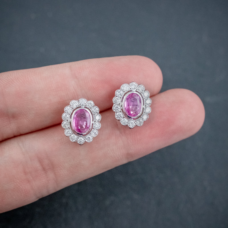 PINK SAPPHIRE DIAMOND CLUSTER STUD EARRINGS 18CT WHITE GOLD 2CT OF SAPPHIRE HAND