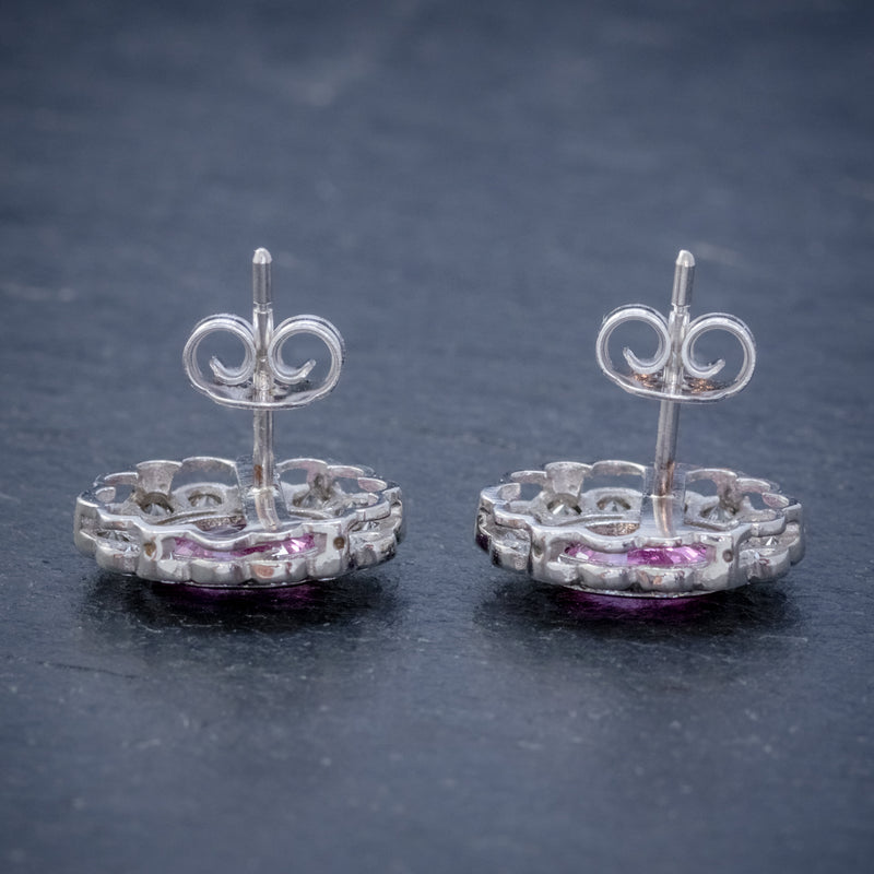 PINK SAPPHIRE DIAMOND CLUSTER STUD EARRINGS 18CT WHITE GOLD 2CT OF SAPPHIRE SIDE