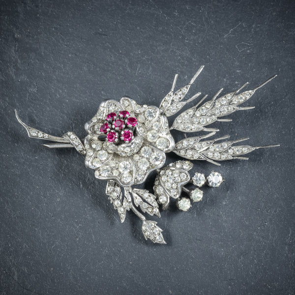 Ruby Paste Flower Brooch Sterling Silver front