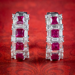 Ruby Diamond Half Hoop Earrings 18ct White Gold 1.20ct Of Ruby 3ct Of Diamond