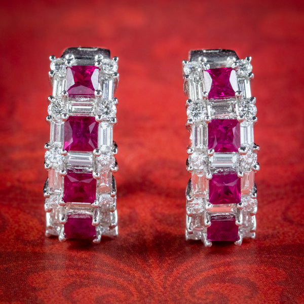 Ruby Diamond Half Hoop Earrings 18ct White Gold 1.20ct Of Ruby 3ct Of Diamond