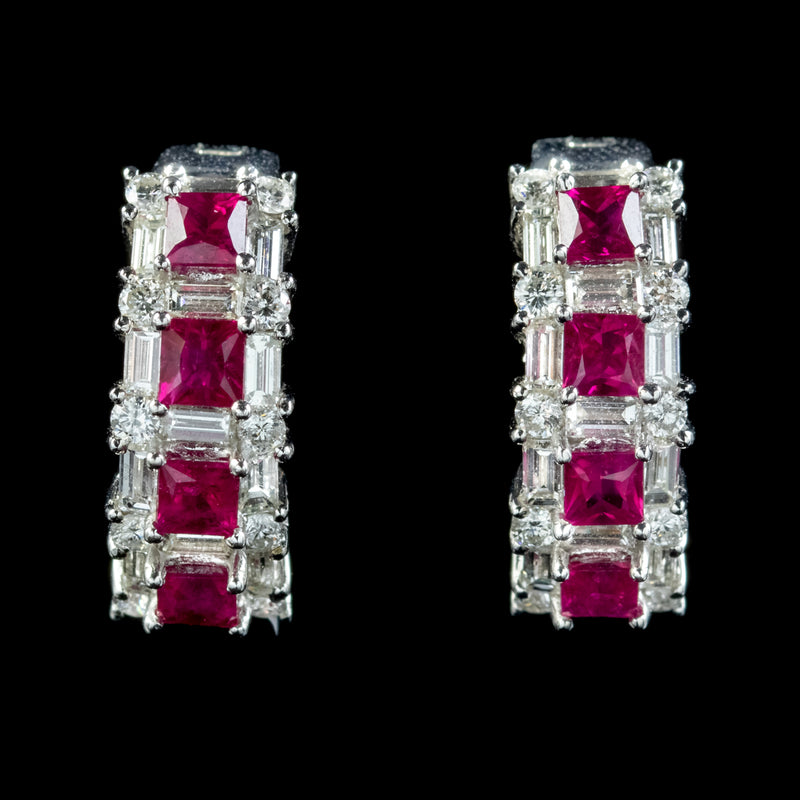 Ruby Diamond Half Hoop Earrings 18ct White Gold 1.20ct Of Ruby 3ct Of Diamond
