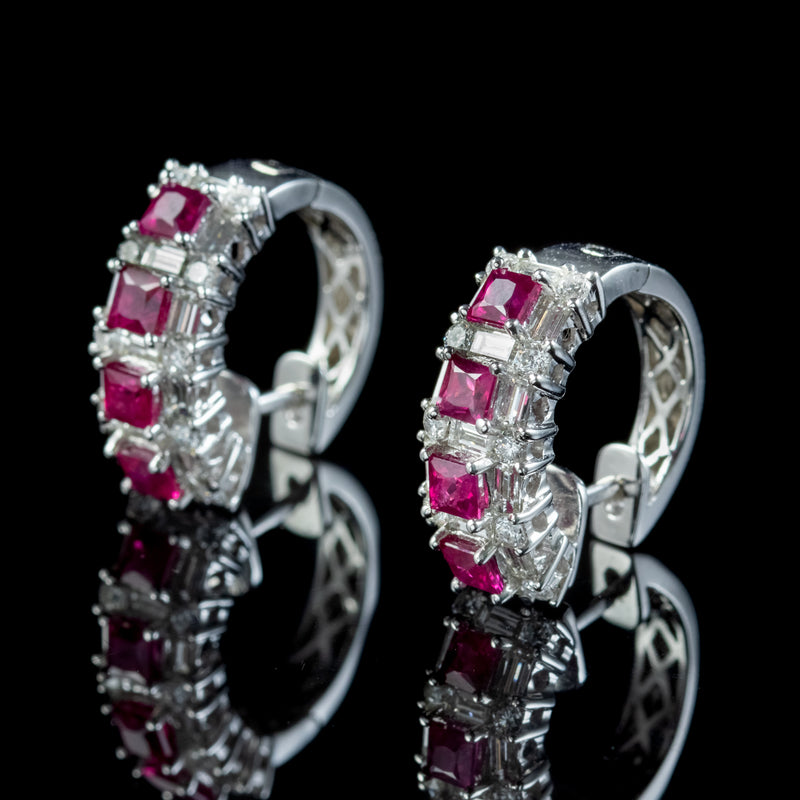 Ruby Diamond Half Hoop Earrings 18ct White Gold 1.20ct Of Ruby 3ct Of Diamond