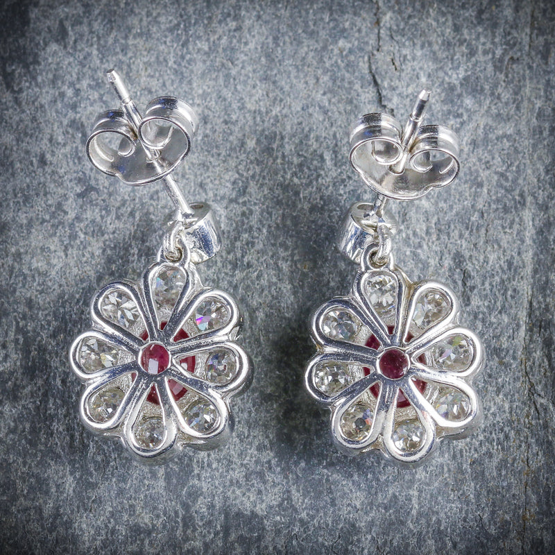 Ruby Diamond Cluster Earrings 18ct White Gold BACK