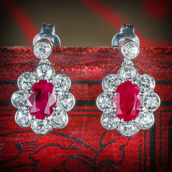 Ruby Diamond Cluster Earrings 18ct White Gold COVER