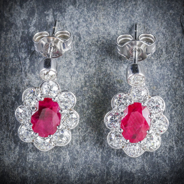 Ruby Diamond Cluster Earrings 18ct White Gold FRONT