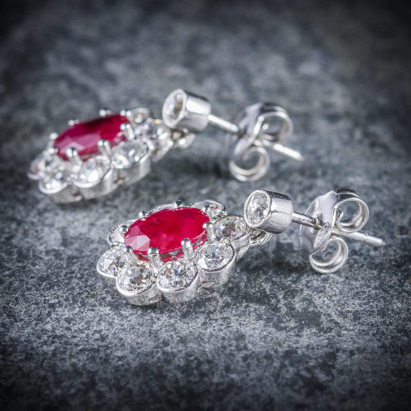 Ruby Diamond Cluster Earrings 18ct White Gold SIDE