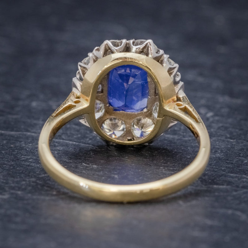 SAPPHIRE DIAMOND CLUSTER RING 18CT GOLD 2.80CT SAPPHIRE BACK