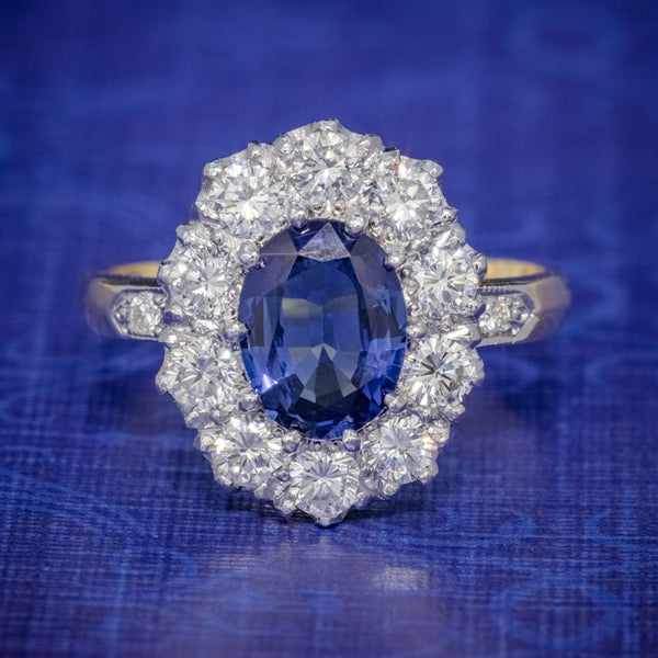 SAPPHIRE DIAMOND CLUSTER RING 18CT GOLD PLATINUM 2CT SAPPHIRE 1.10CT DIAMOND COVER