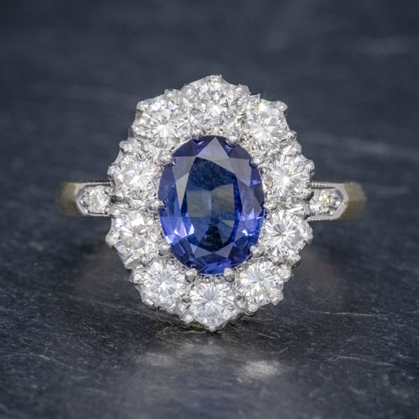 SAPPHIRE DIAMOND CLUSTER RING 18CT GOLD PLATINUM 2CT SAPPHIRE 1.10CT DIAMOND FRONT