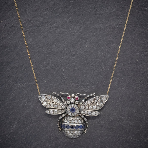 SAPPHIRE DIAMOND RUBY BEE PENDANT NECKLACE SILVER 18CT GOLD neck