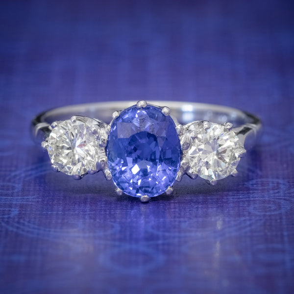 SAPPHIRE DIAMOND TRILOGY ENGAGEMENT RING PLATIMUM 1.50CT SAPPHIRE 1CT DIAMOND COVER