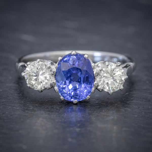 SAPPHIRE DIAMOND TRILOGY ENGAGEMENT RING PLATIMUM 1.50CT SAPPHIRE 1CT DIAMOND FRONT