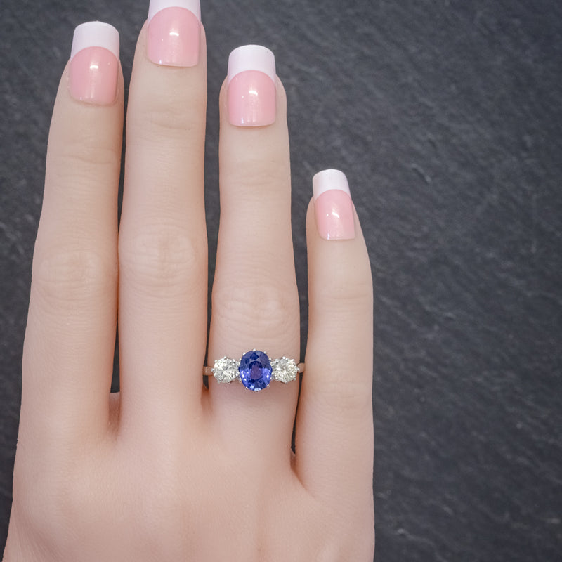 SAPPHIRE DIAMOND TRILOGY ENGAGEMENT RING PLATIMUM 1.50CT SAPPHIRE 1CT DIAMOND HAND