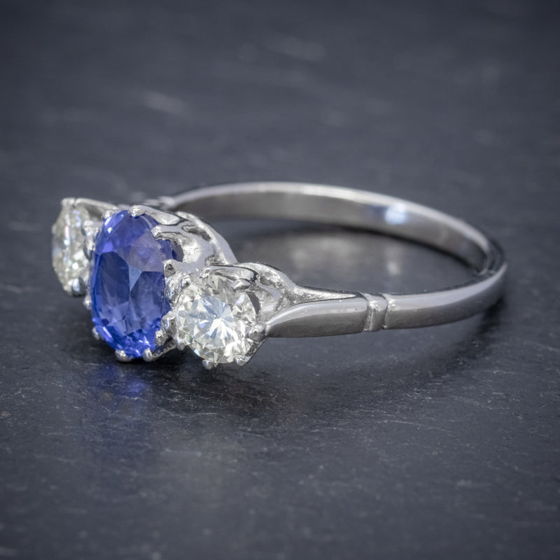 SAPPHIRE DIAMOND TRILOGY ENGAGEMENT RING PLATIMUM 1.50CT SAPPHIRE 1CT DIAMOND SIDE