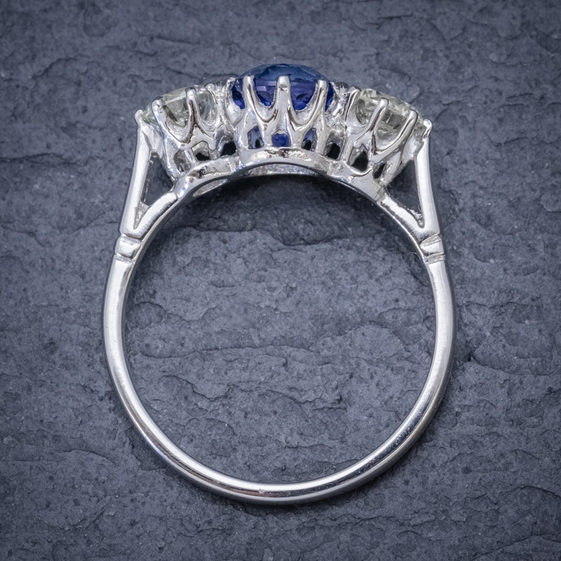 SAPPHIRE DIAMOND TRILOGY ENGAGEMENT RING PLATIMUM 1.50CT SAPPHIRE 1CT DIAMOND TOP