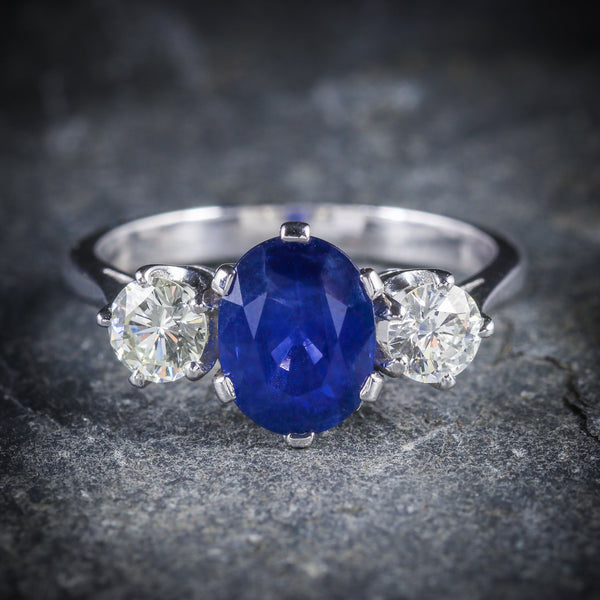 SAPPHIRE DIAMOND TRILOGY RING 2.40CT SAPPHIRE 1.20CT DIAMOND FRONT
