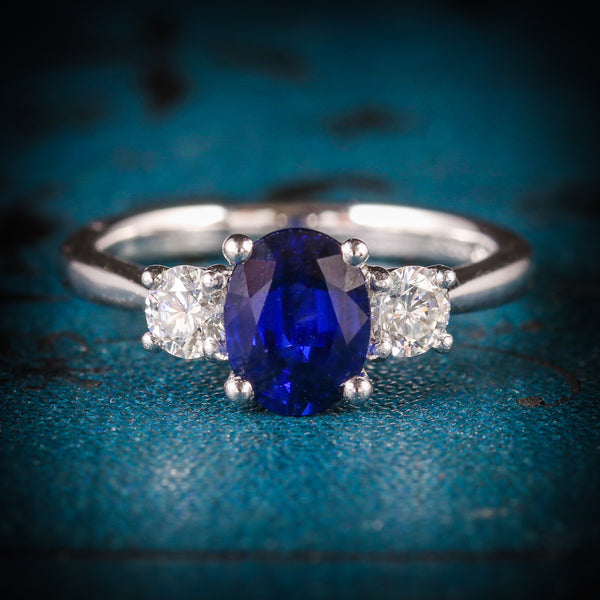 SAPPHIRE DIAMOND TRILOGY RING PLATINUM ENGAGEMENT RING COVER