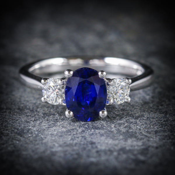 SAPPHIRE DIAMOND TRILOGY RING PLATINUM ENGAGEMENT RING FRONT