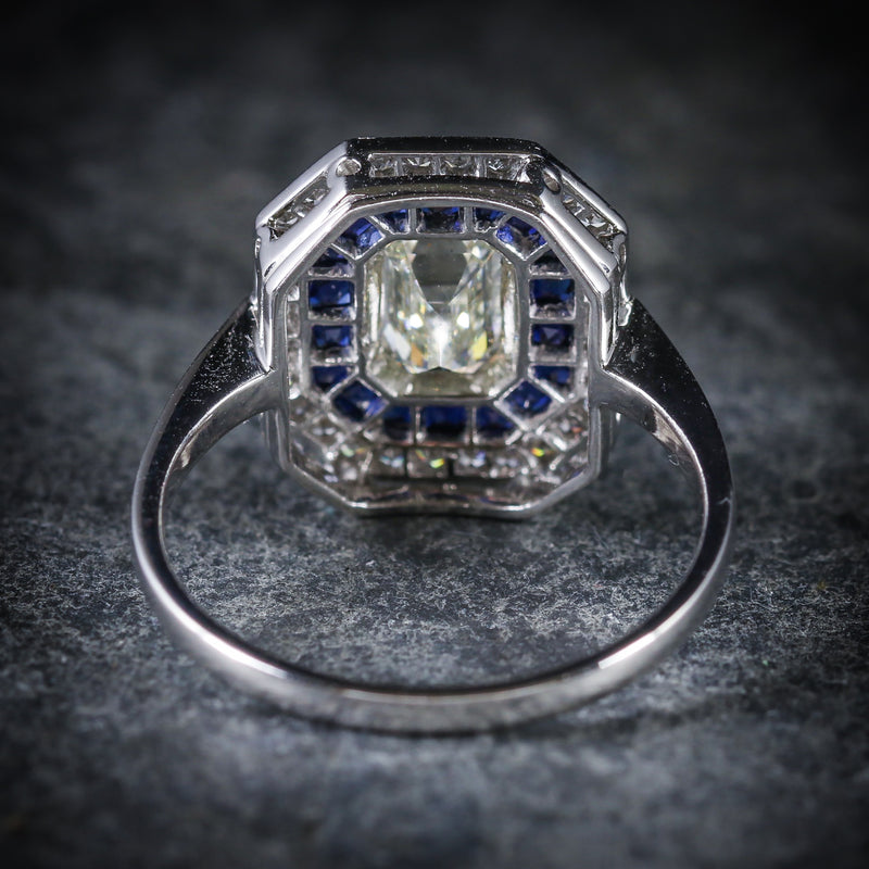 SAPPHIRE EMERALD CUT DIAMOND RING VS1 DIAMONDS FRENCH CUT SAPPHIRES 18CT GOLD BACK