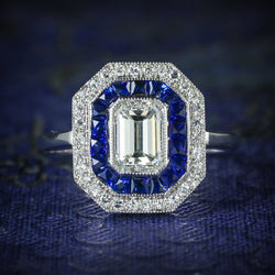 SAPPHIRE EMERALD CUT DIAMOND RING VS1 DIAMONDS FRENCH CUT SAPPHIRES 18CT GOLD COVER