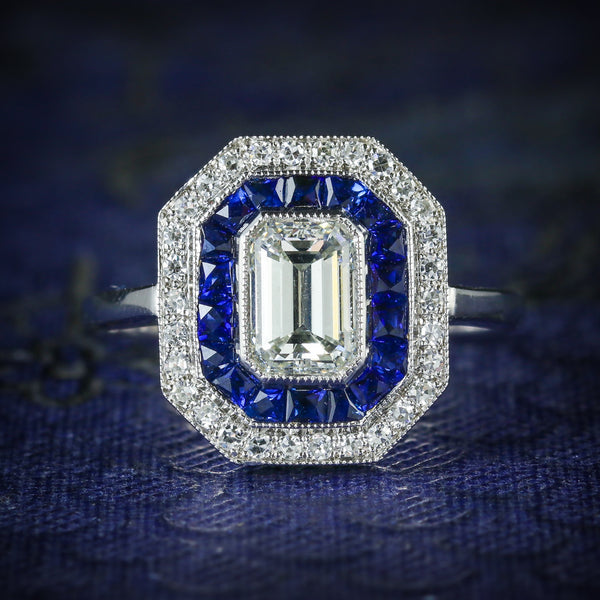 SAPPHIRE EMERALD CUT DIAMOND RING VS1 DIAMONDS FRENCH CUT SAPPHIRES 18CT GOLD COVER