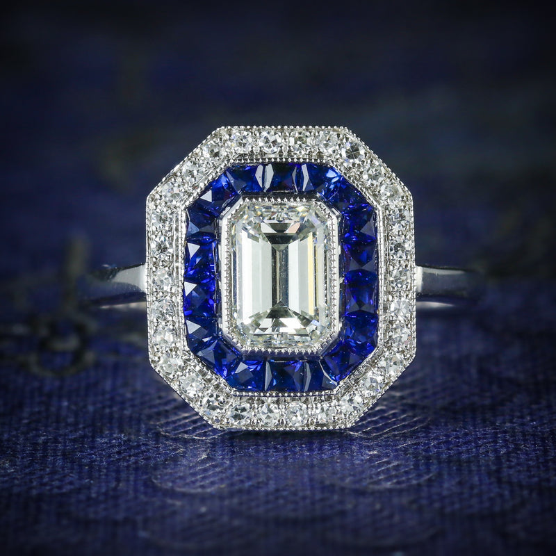 SAPPHIRE EMERALD CUT DIAMOND RING VS1 DIAMONDS FRENCH CUT SAPPHIRES 18CT GOLD COVER