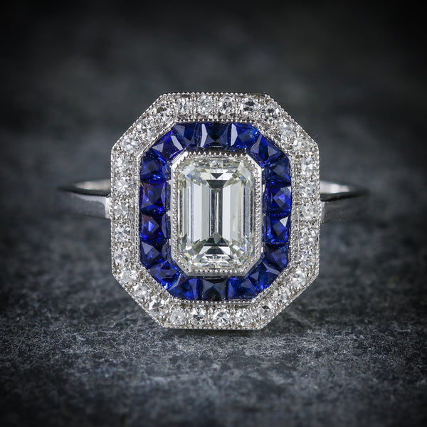 SAPPHIRE EMERALD CUT DIAMOND RING VS1 DIAMONDS FRENCH CUT SAPPHIRES 18CT GOLD FRONT