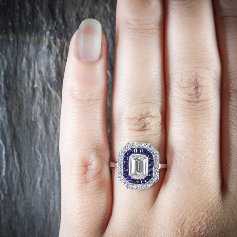 SAPPHIRE EMERALD CUT DIAMOND RING VS1 DIAMONDS FRENCH CUT SAPPHIRES 18CT GOLD HAND 