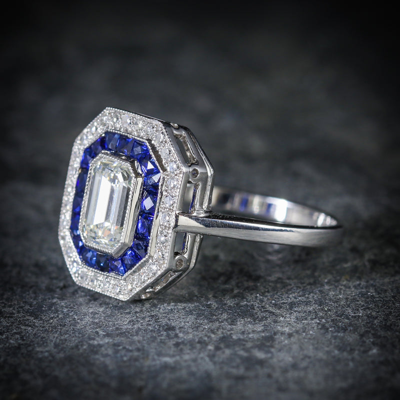 SAPPHIRE EMERALD CUT DIAMOND RING VS1 DIAMONDS FRENCH CUT SAPPHIRES 18CT GOLD SIDE