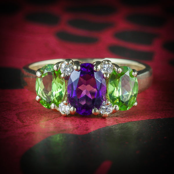 SUFFRAGETTE AMETHYST PERIDOT DIAMOND 9CT GOLD RING COVER