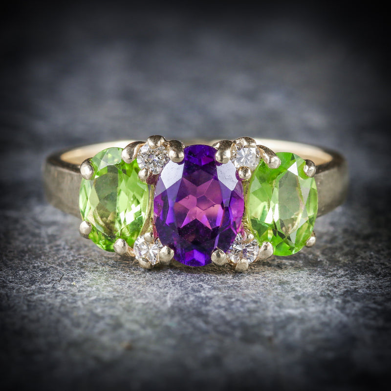 SUFFRAGETTE AMETHYST PERIDOT DIAMOND 9CT GOLD RING FRONT