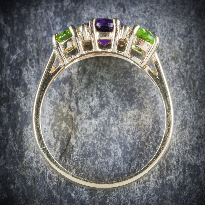 SUFFRAGETTE AMETHYST PERIDOT DIAMOND 9CT GOLD RING TOP