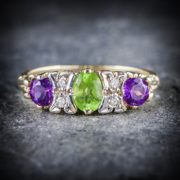 SUFFRAGETTE GOLD AMETHYST PERIDOT DIAMOND RING FRONT